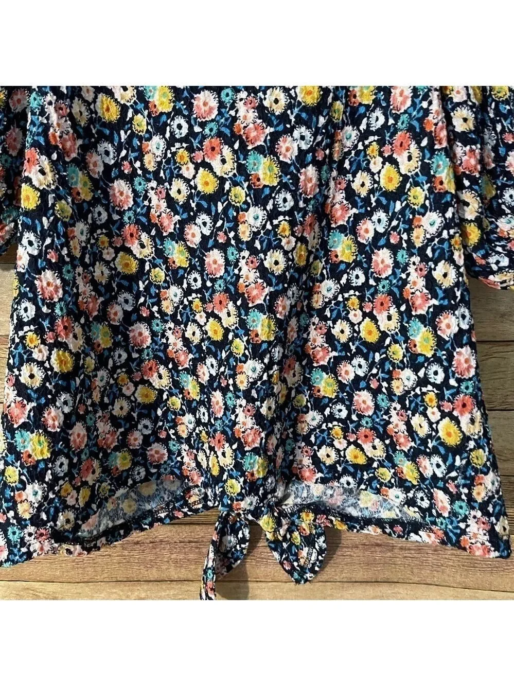 Loft Womens Floral Print Textures Square Neck Puff Sleeve Front Tie Top Size M
